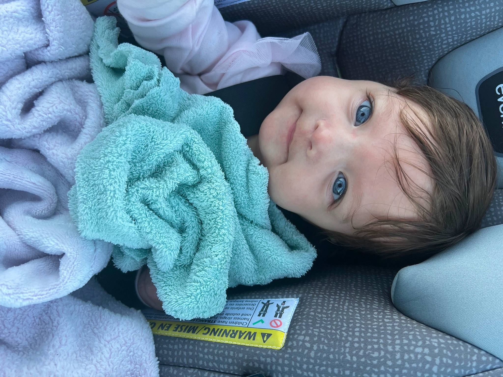 Genevieve joined the competition — help win amazing prizes! azure, baby, baby_products, baby_toddler_clothing, blue, car_seat, cheek, child, comfort, electric_blue, fashion_accessory, grey, iris, linens, pattern, person, skin, smile, toddler, wool