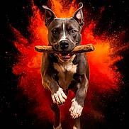 Koda a rejoint le concours — aidez-le/la à gagner de superbes lots ! dog, animal, pet, stick, running, jumping, brown, white, fur, ears, mouth, teeth, paws, explosion, powder, orange, red, black_background, action, portrait