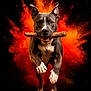dog, animal, pet, stick, running, jumping, brown, white, fur, ears, mouth, teeth, paws, explosion, powder, orange, red, black_background, action, portrait