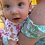 Maisie joined the competition — help win amazing prizes! baby, child, close_up, face, blue_eyes, floral_dress, skin, arm, person, holding, cute, infant, expression, human, childhood, portrait, skin_texture, summer_clothing, outdoor, curious