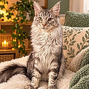 Bogoss a rejoint le concours — aidez-le/la à gagner de superbes lots ! animal, blanket, candles, cat, couch, cozy, cushion, fluffy, golden_eyes, indoors, living_room, long_hair, pet, plant, portrait, relaxed, sitting, tabby, warm_lighting, whiskers