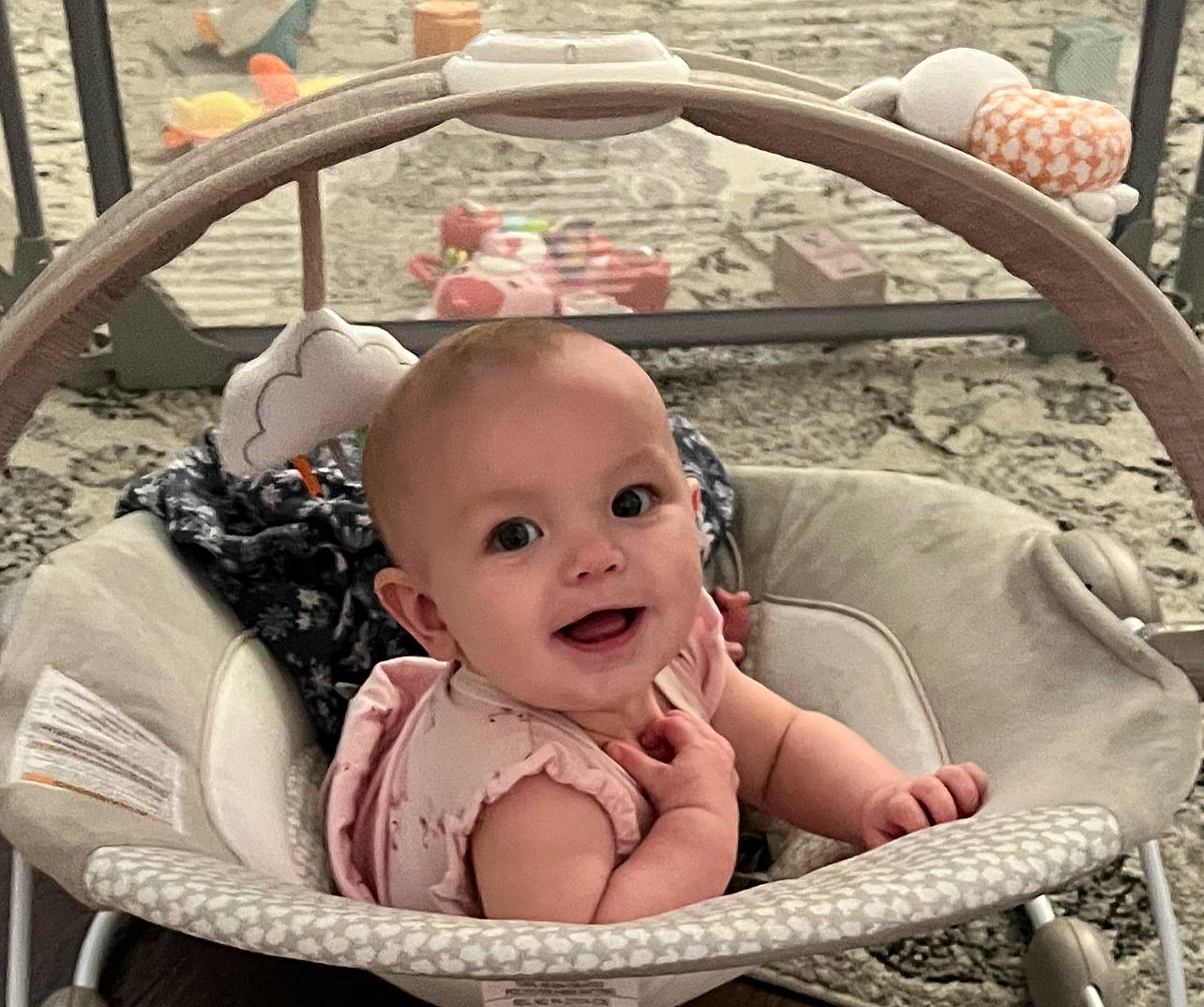 Blakeley is registered to the contest to win money with this photo: baby, baby_carriage, baby_products, baby_safety, baby_toddler_clothing, cheek, child, comfort, eye, facial_expression, fun, grass, happy, infant_bed, person, photograph, product, sitting, skin, smile