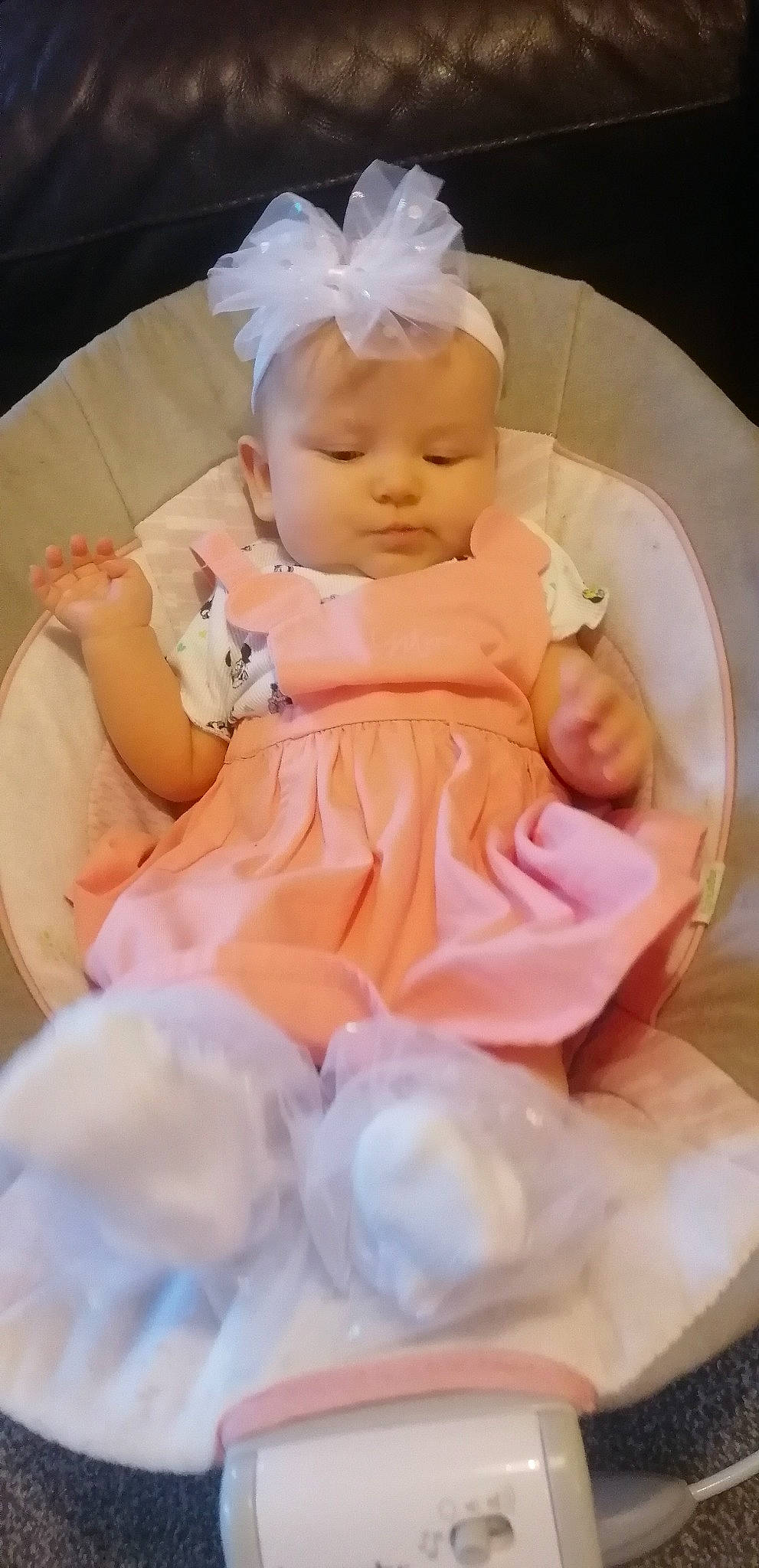 Karma-may joined the competition — help win amazing prizes! baby, baby_toddler_clothing, cheek, child, dress, embellishment, event, fashion_accessory, hair_accessory, headband, headgear, headpiece, jewellery, peach, person, petal, pink, sitting, skin, toddler