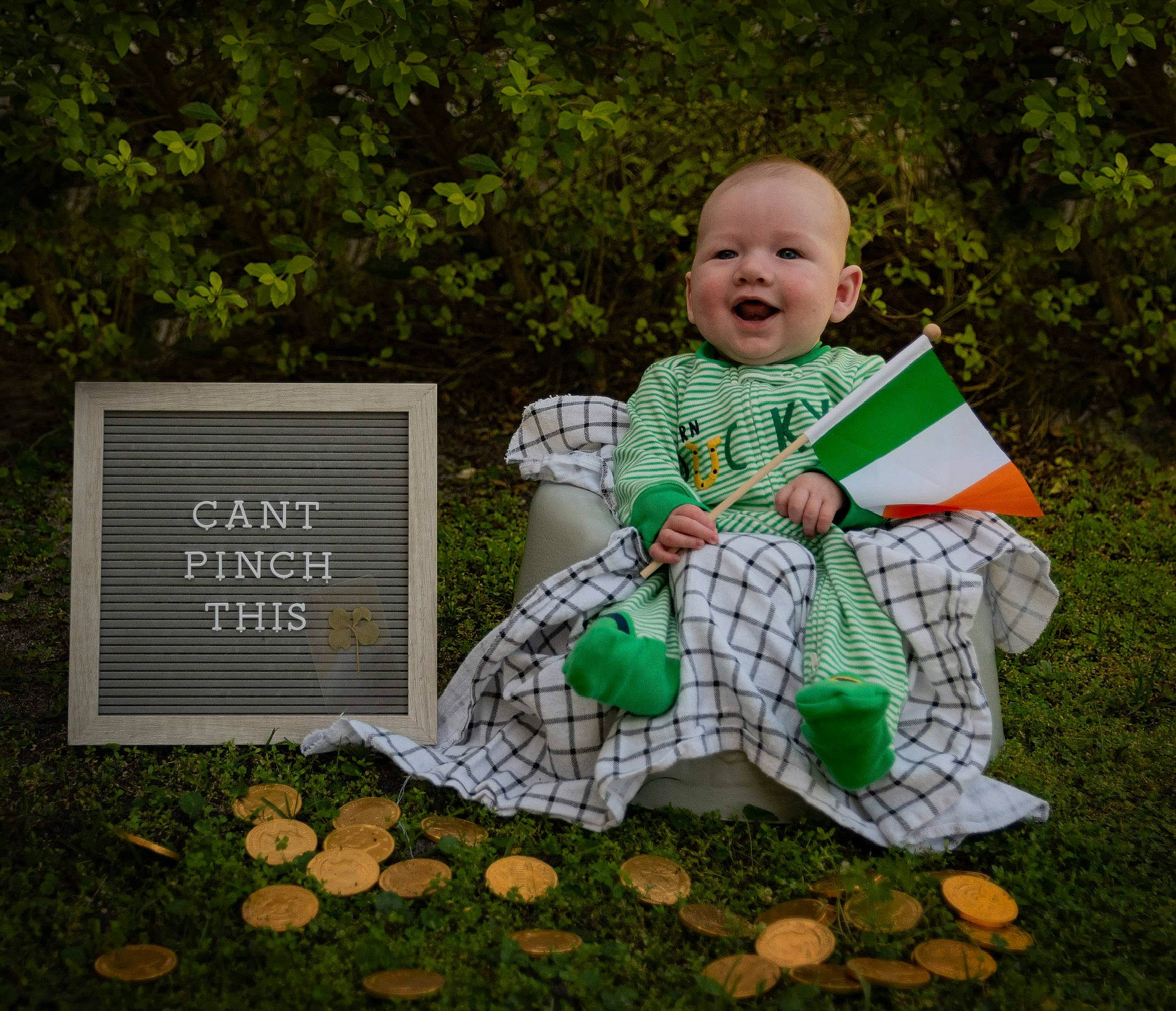 Tanner James is registered to the contest to win money with this photo: baby, baby_toddler_clothing, child, eye, garden, grass, grass_family, grassland, happy, leisure, linens, nature, pattern, people_in_nature, person, plant, shrub, sitting, sleeve, toddler