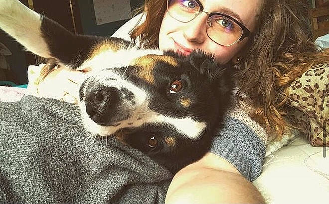 Bailee is registered to the contest to win money with this photo: beard, carnivore, companion_dog, dog, dog_breed, ear, eye, eyewear, face, fawn, gesture, glasses, hair, hand, happy, head, jaw, nose, vision_care, whiskers