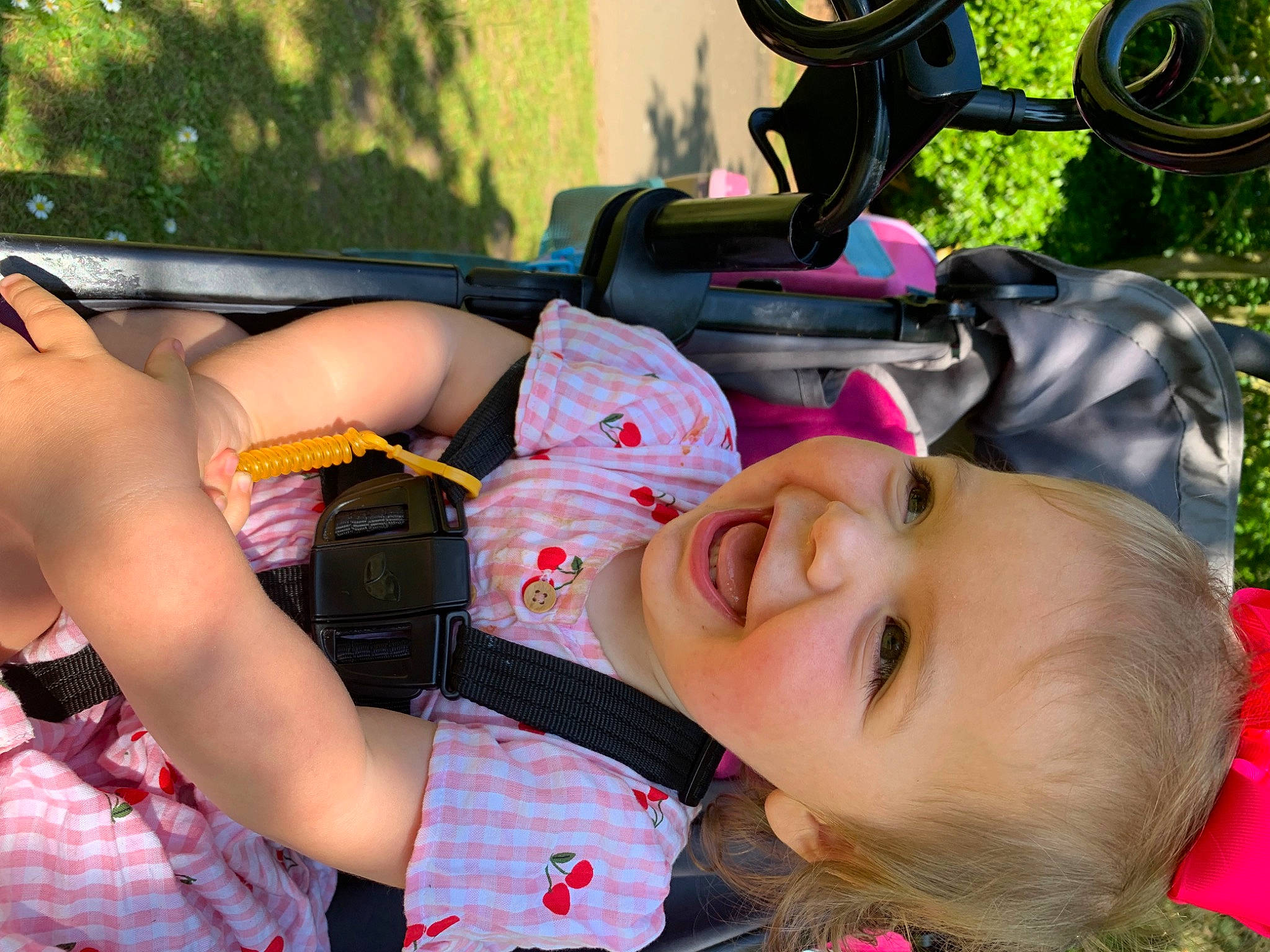 Harriet joined the competition — help win amazing prizes! automotive_exterior, automotive_tire, child, fun, grass, happy, joy, leisure, motor_vehicle, pattern, person, pink, plaid, plant, recreation, smile, steering_wheel, summer, tire, toddler