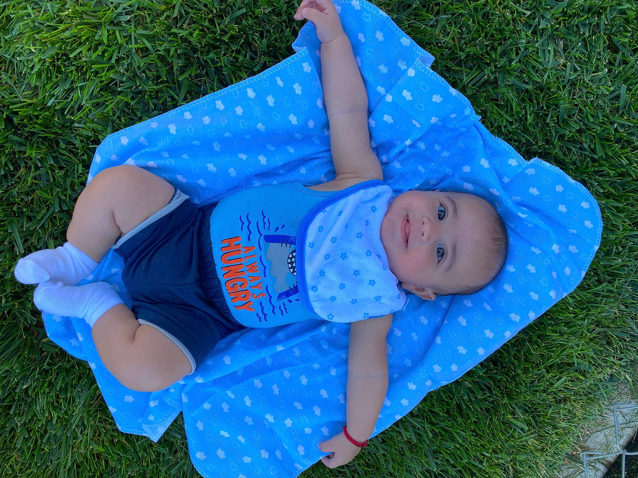 Juan is registered to the contest to win money with this photo: azure, baby, baby_toddler_clothing, blue, electric_blue, facial_expression, grass, grass_family, grassland, lawn, leaf, leisure, pattern, people_in_nature, person, plant, sleeve, t_shirt, textile, toddler