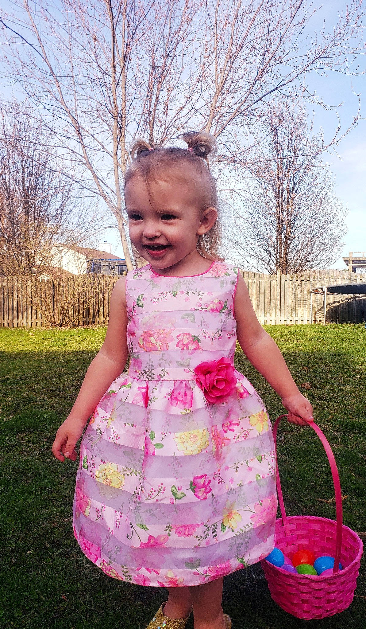 Sky joined the competition — help win amazing prizes! baby_toddler_clothing, basket, child, day_dress, dress, flower_girl_basket, fun, grass, happy, joy, magenta, pattern, people_in_nature, person, pink, plant, purple, sky, sleeve, smile