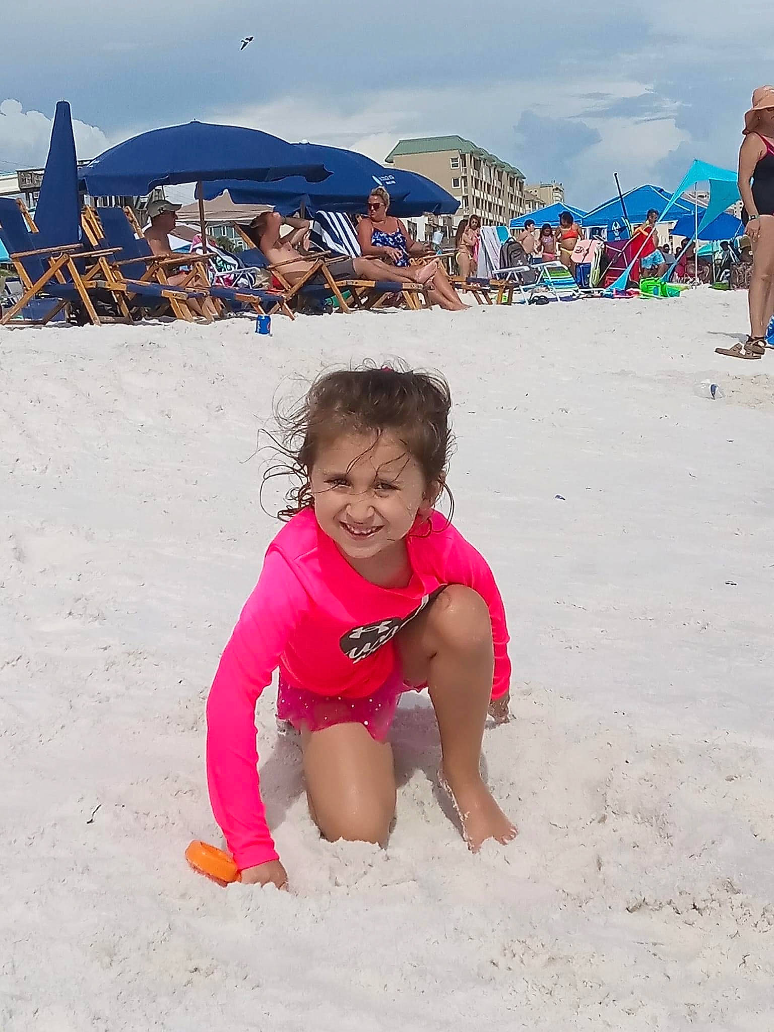 Kameron is registered to the contest to win money with this photo: barefoot, beach, body_of_water, cloud, fun, happy, holiday, joy, landscape, leisure, ocean, people_in_nature, people_on_beach, person, recreation, sand, shore, sky, smile, toddler