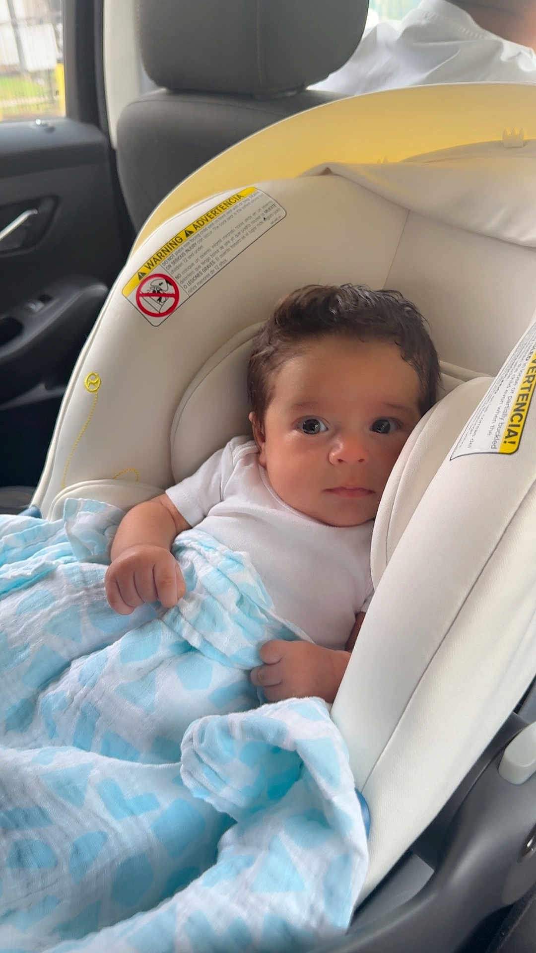 Nathan Pache joined the competition — help win amazing prizes! baby, infant, newborn, car_seat, blanket, onesie, portrait, eyes, face, hair, hand, car_interior, headrest, window, seat, safety_label, blue_pattern, swaddle, travel, cute