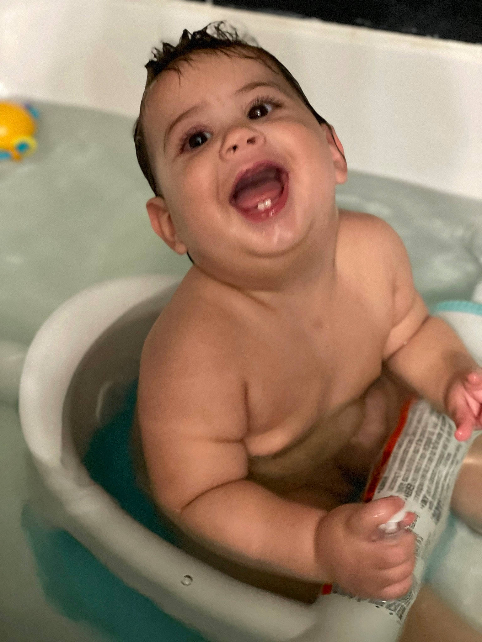 Knox joined the competition — help win amazing prizes! baby, baby_bathing, bathing, bathtub, cheek, chest, child, eyelash, finger, fun, gesture, hand, happy, mouth, nose, person, personal_care, skin, smile, thumb