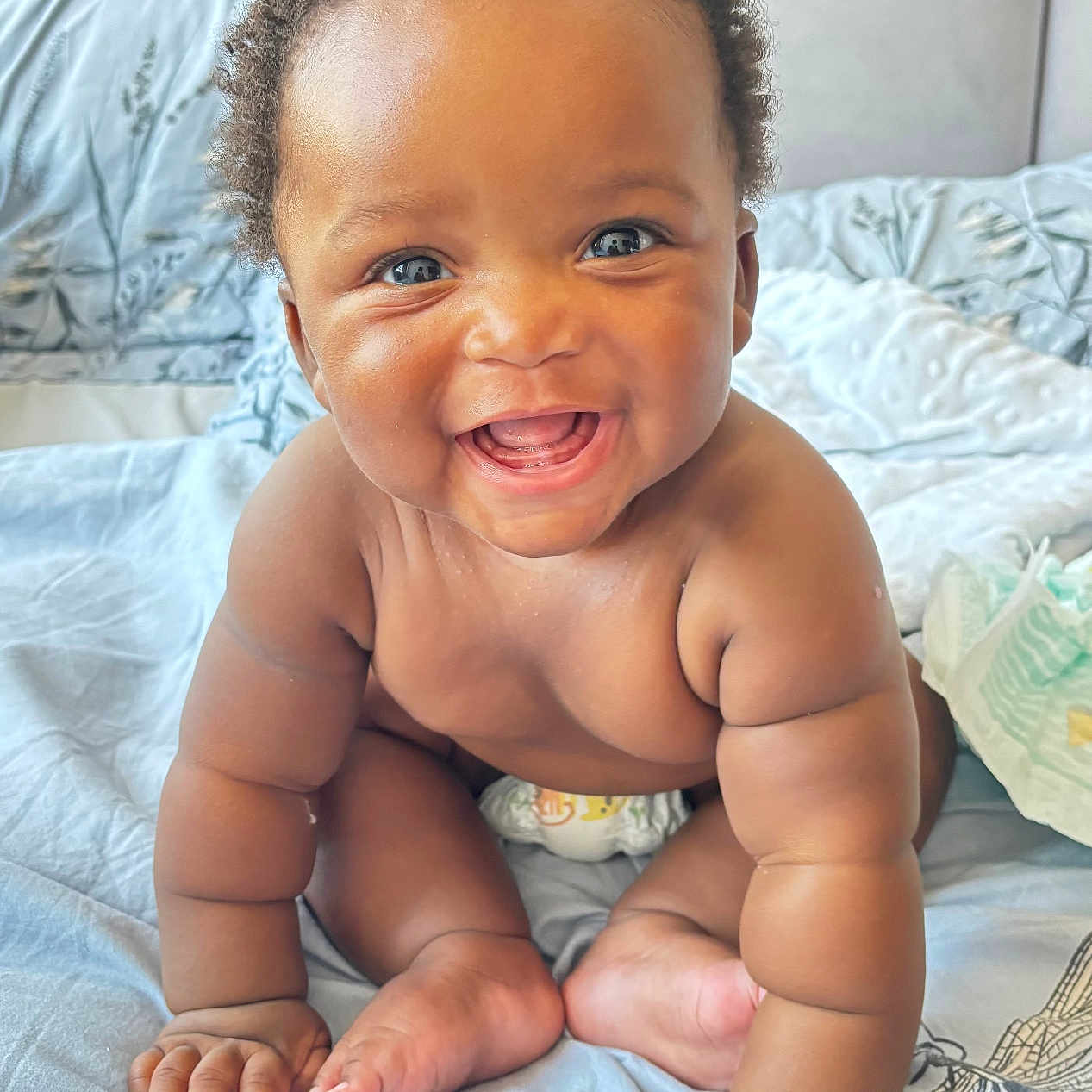 Ricardo joined the competition — help win amazing prizes! baby, bed, blanket, child, chubby, crawling, curly_hair, cute, diaper, expression, face, feet, hands, happy, head, indoors, infant, joy, skin, smiling