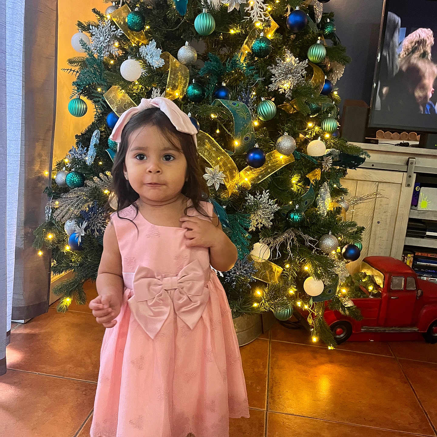 Kaia joined the competition — help win amazing prizes! adult, child, christmas, christmasdecorations, clothing, computerhardware, dress, electronics, face, female, festival, girl, hardware, head, lighting, monitor, person, screen, tv, woman