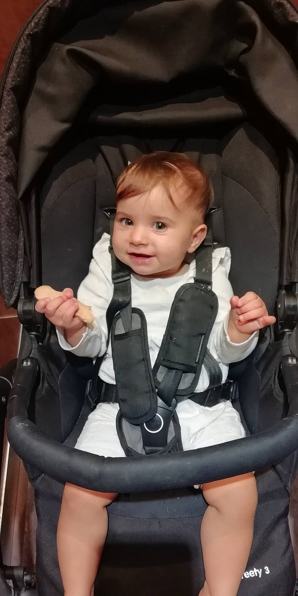 Melina participe au concours pour gagner de l'argent avec cette photo : baby, baby_carriage, baby_products, black, car_seat, chair, cheek, child, comfort, eye, eyebrow, flash_photography, human_body, iris, person, product, skin, smile, thumb, toddler