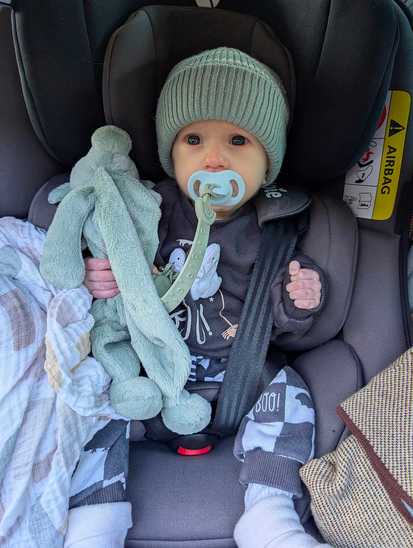 Aidan is registered to the contest to win money with this photo: baby, car_seat, pacifier, knit_hat, plush_toy, blanket, clothing, seat_belt, infant, child, cute, indoors, portrait, comfort, warm, soft_toy, expression, sitting, car_interior, young_child