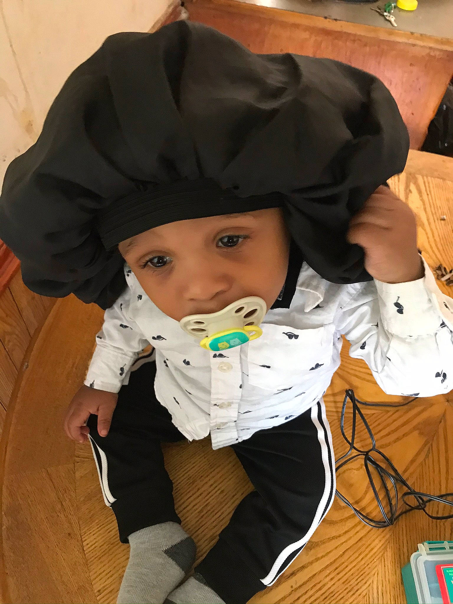 Kyree joined the competition — help win amazing prizes! baby, baby_products, baby_toddler_clothing, bow_tie, cap, chair, child, costume, event, fashion_accessory, formal_wear, fun, hat, headwear, hoodie, outerwear, person, sitting, sleeve, sun_hat