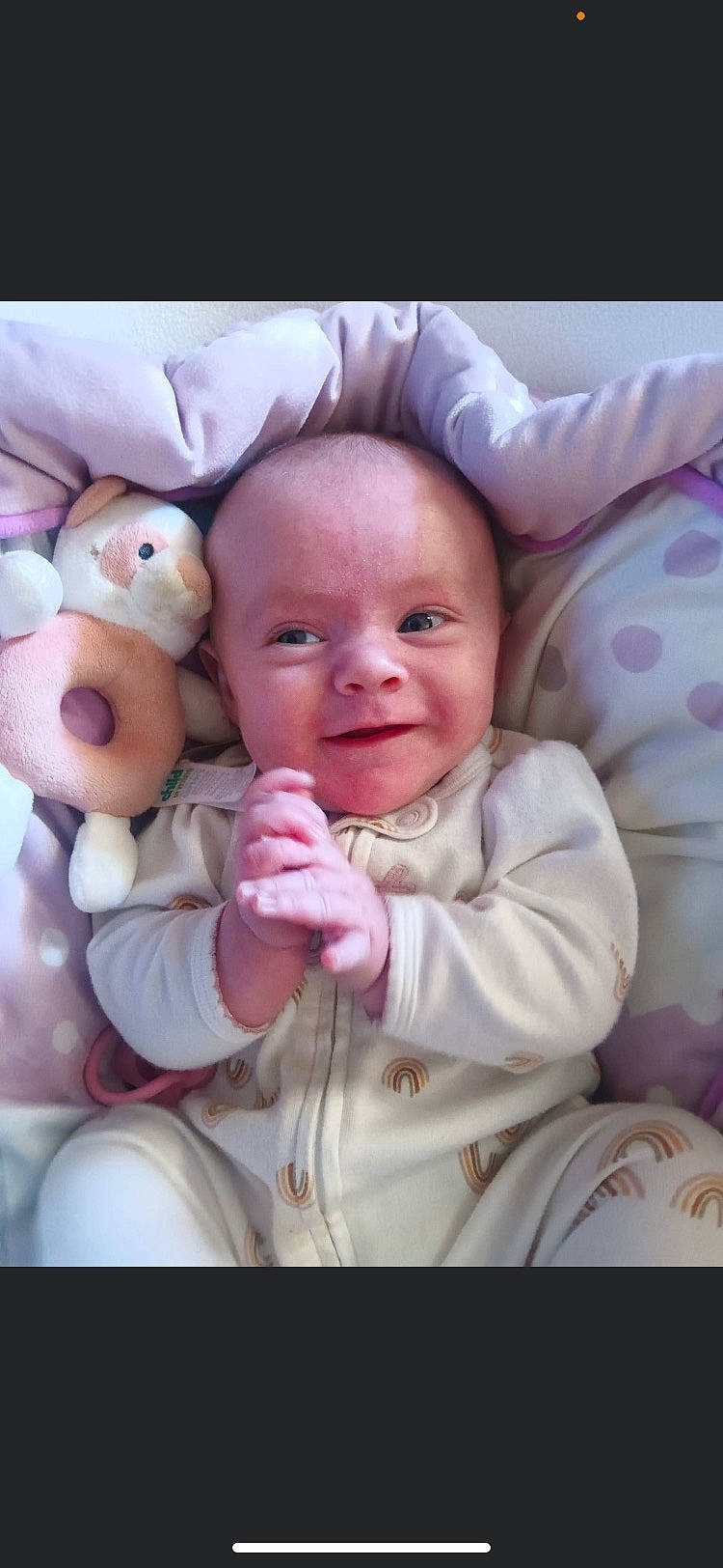 Miriam is registered to the contest to win money with this photo: baby, baby_products, baby_toddler_clothing, cheek, child, comfort, finger, gesture, happy, linens, nose, person, pink, product, skin, sleeve, smile, stuffed_toy, thumb, toddler