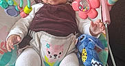 Aluney participe au concours pour gagner de l'argent avec cette photo : baby, infant, smiling, baby_rocker, toy, plush_toy, flower_toy, overalls, white_clothing, indoor, couch, happy, child, face, legs, colorful, playful, cute, seated, home