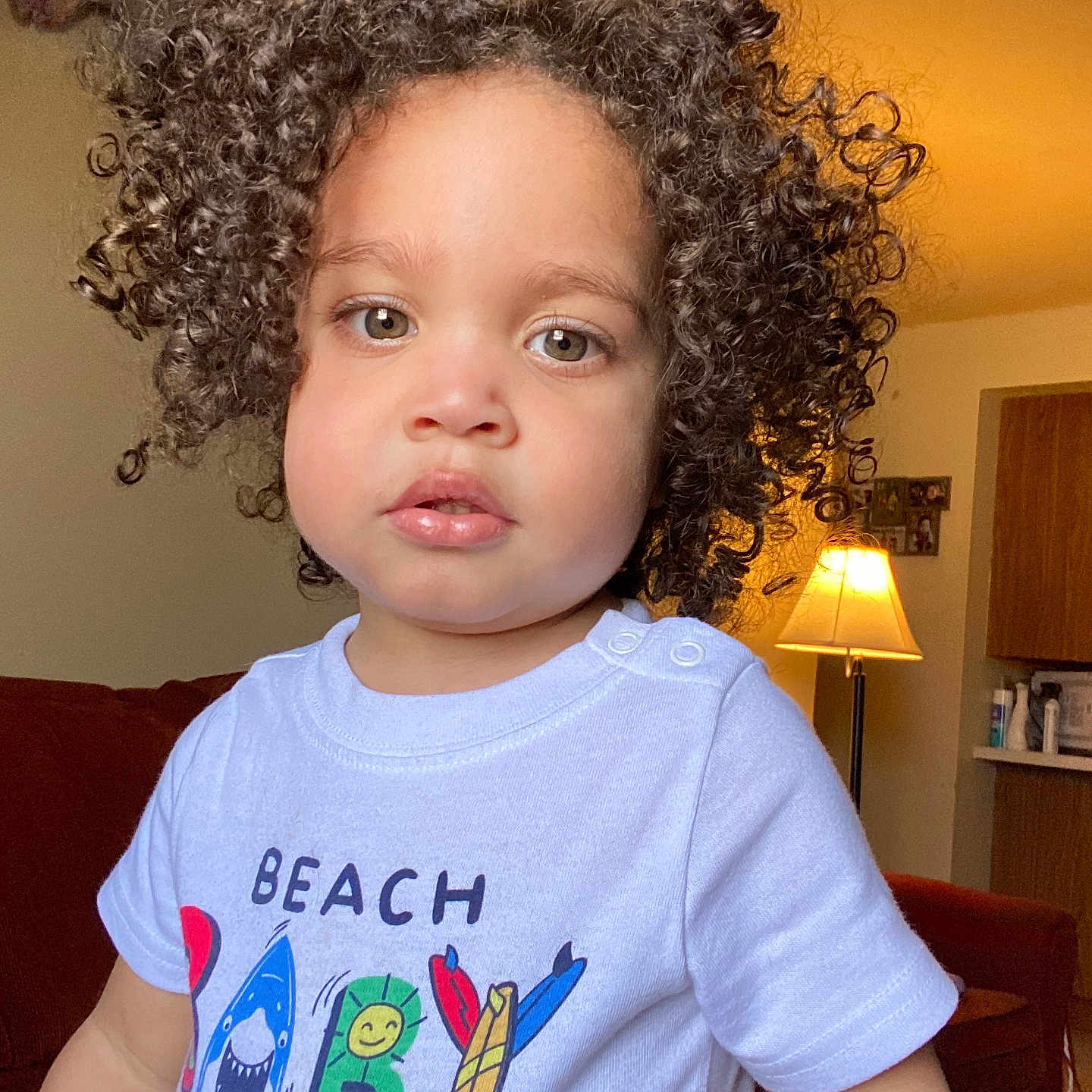 Kingston is registered to the contest to win money with this photo: architecture, baby, building, chandelier, clothing, couch, curlyhair, face, furniture, hair, head, indoors, lamp, livingroom, person, photography, portrait, room, t_shirt, tablelamp