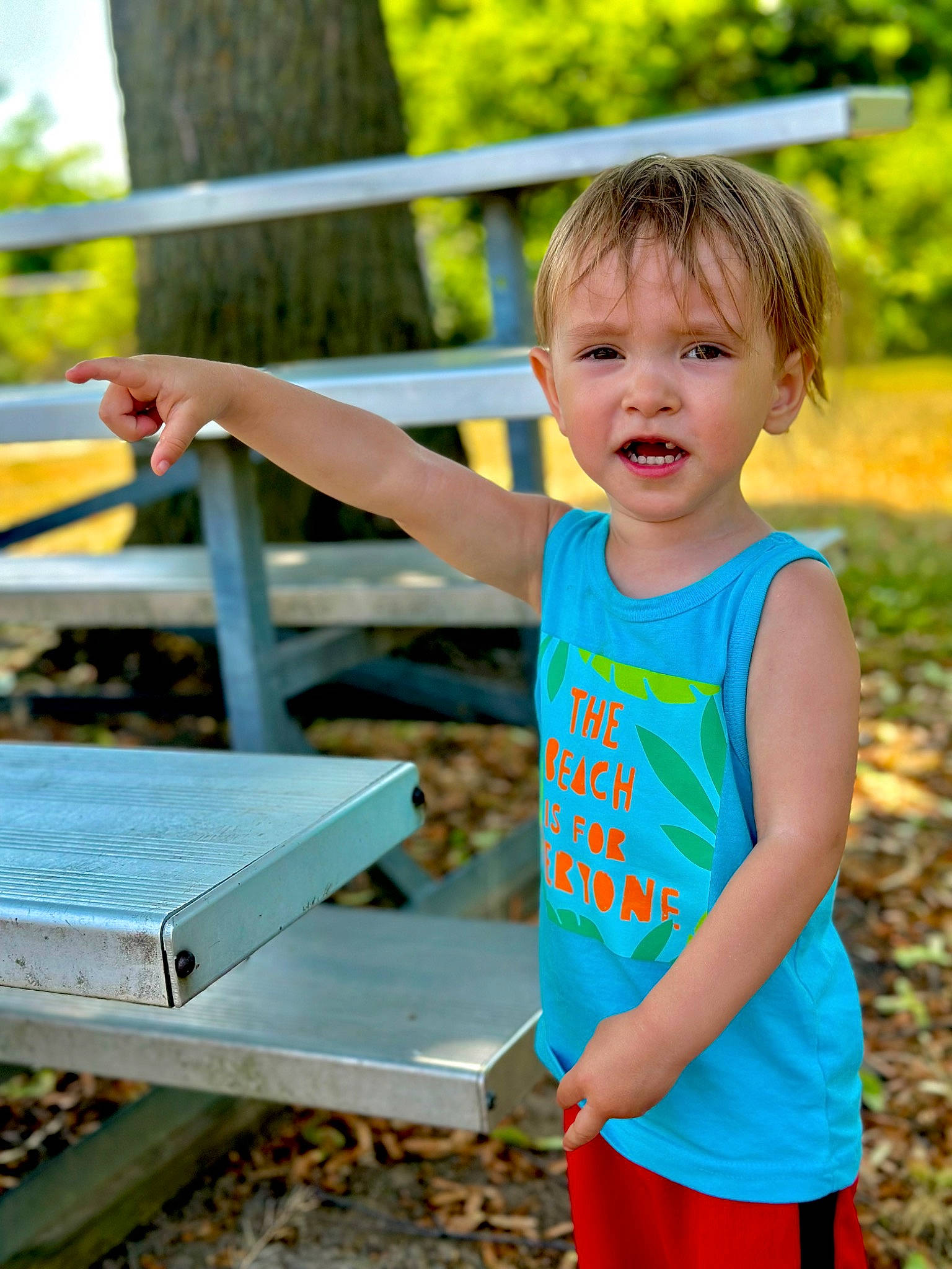 Caspian is registered to the contest to win money with this photo: baby_toddler_clothing, fun, grass, happy, leaf, leisure, nature, outdoor_furniture, people_in_nature, person, plant, public_space, recreation, sitting, summer, t_shirt, table, toddler, tree, wood