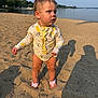 Leia joined the competition — help win amazing prizes! toddler, child, beach, sand, water, lake, swimsuit, yellow, pink_bows, shadow, sunlight, outdoor, summer, nature, trees, sky, person, footwear, expression, curious