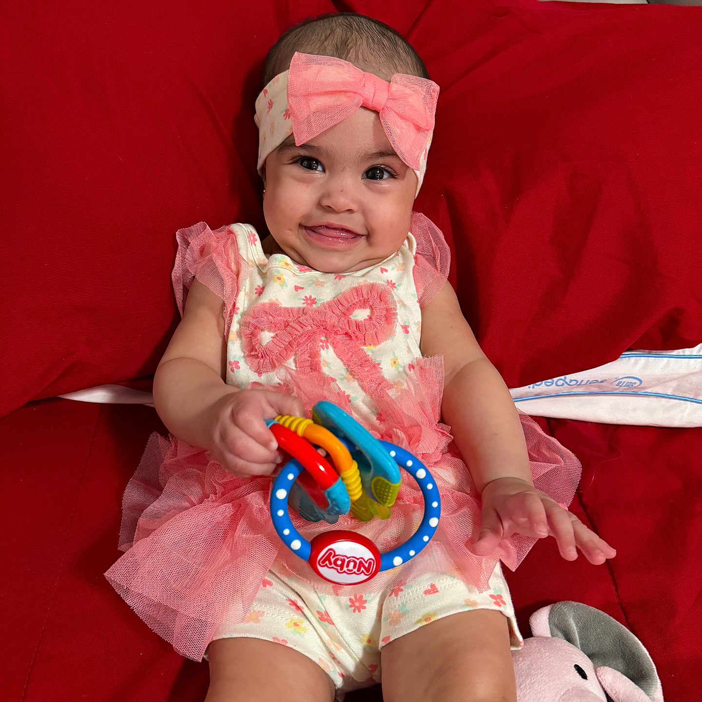 Bellaisabel joined the competition — help win amazing prizes! baby, bow, child, clothing, couch, cute, elephant, happy, headband, indoors, infant, person, pink, play, plush, red, ring, sitting, smiling, toy