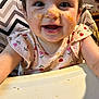 baby, child, high_chair, messy_face, food, smiling, happy, indoor, cute, clothing, table, feeding, face, person, toddler, meal, expression, cheerful, pink, patterned_clothing