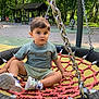 bench, casual_clothing, child, curious_expression, daylight, greenery, nature, outdoor, park, people_in_background, playground, recreation, rope, seat, shorts, sneakers, swing, toddler, trees, tshirt