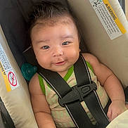 Ayden joined the competition — help win amazing prizes! baby, child, infant, smiling, portrait, stroller, car_seat, harness, seatbelt,  안전, indoors, sitting, face, hair, eyes, clothing, pacifier, padded_seat, safety_label, photography