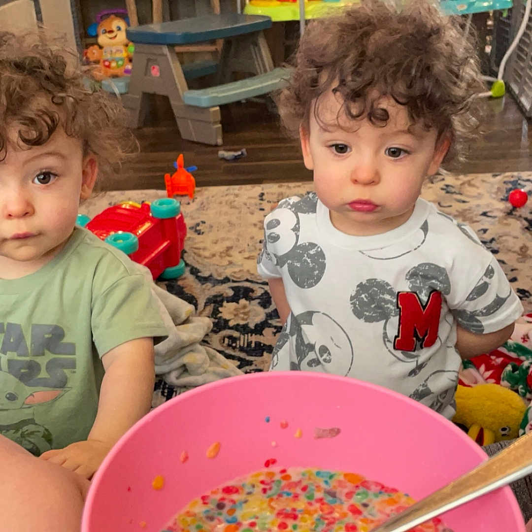Ashton And Weston joined the competition — help win amazing prizes! baby, bowl, cerealbowl, clothing, couch, cutlery, diningtable, dish, face, food, furniture, head, meal, person, photography, portrait, spoon, sweets, t_shirt, table