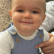 Riley is registered to the contest to win money with this photo: baby, child, smile, face, blue_overalls, white_shirt, wooden_buttons, hand, carpet, blanket, indoor, portrait, cute, happy, infant, person, closeup, skin, head, eyes