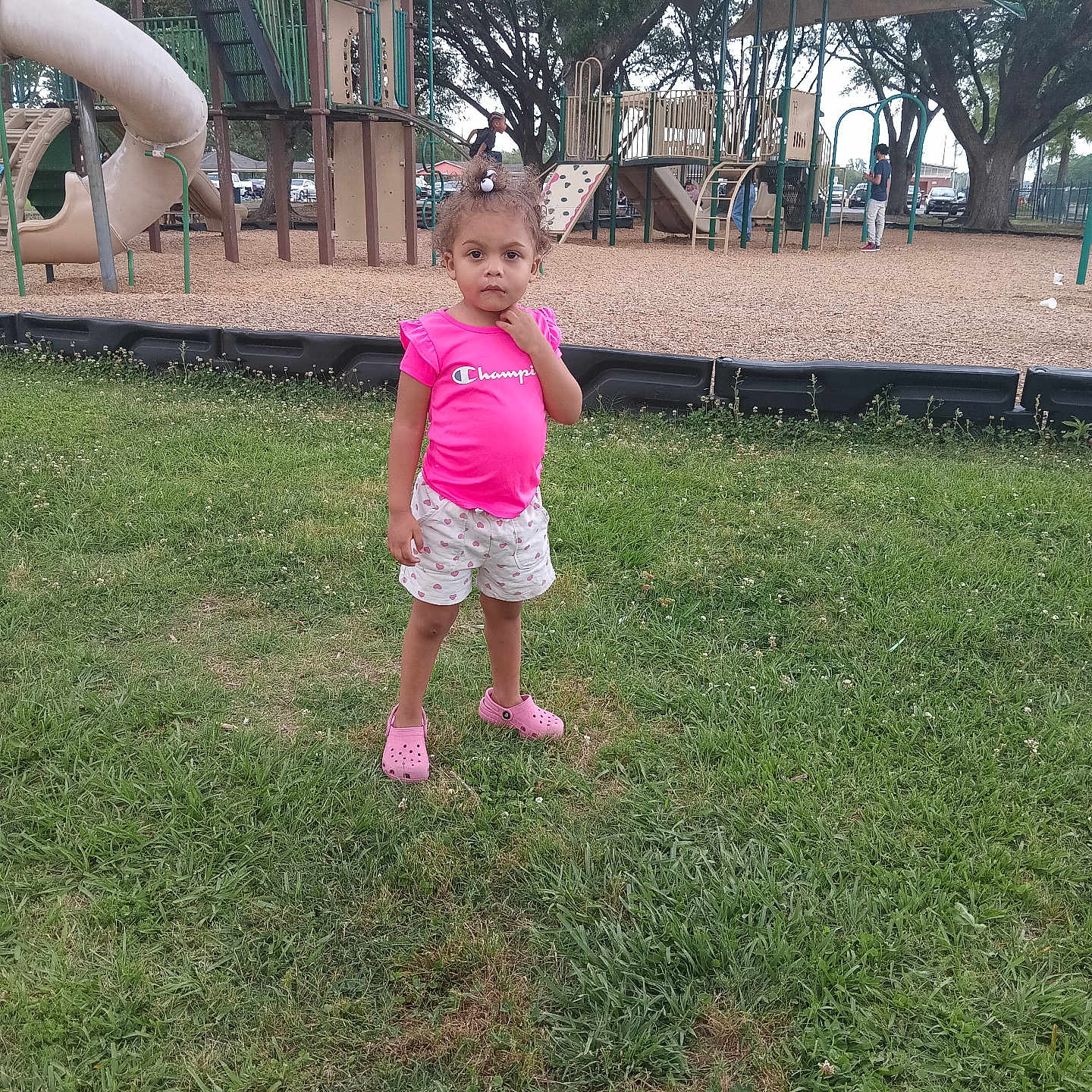 Khori is registered to the contest to win money with this photo: casual_clothing, child, climbing_structure, curious_expression, daylight, footwear, grass, nature, outdoor, park, person, pink_shirt, play_equipment, playground, recreation, shorts, slide, summer, tree, young_child