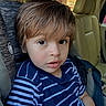 Abel joined the competition — help win amazing prizes! child, car_seat, striped_shirt, blue_shirt, car_interior, seatbelt, young_child, portrait, brown_hair, indoors, window, vehicle, casual_clothing, sitting, face, person, curious_expression, daylight, safety_seat, automobile