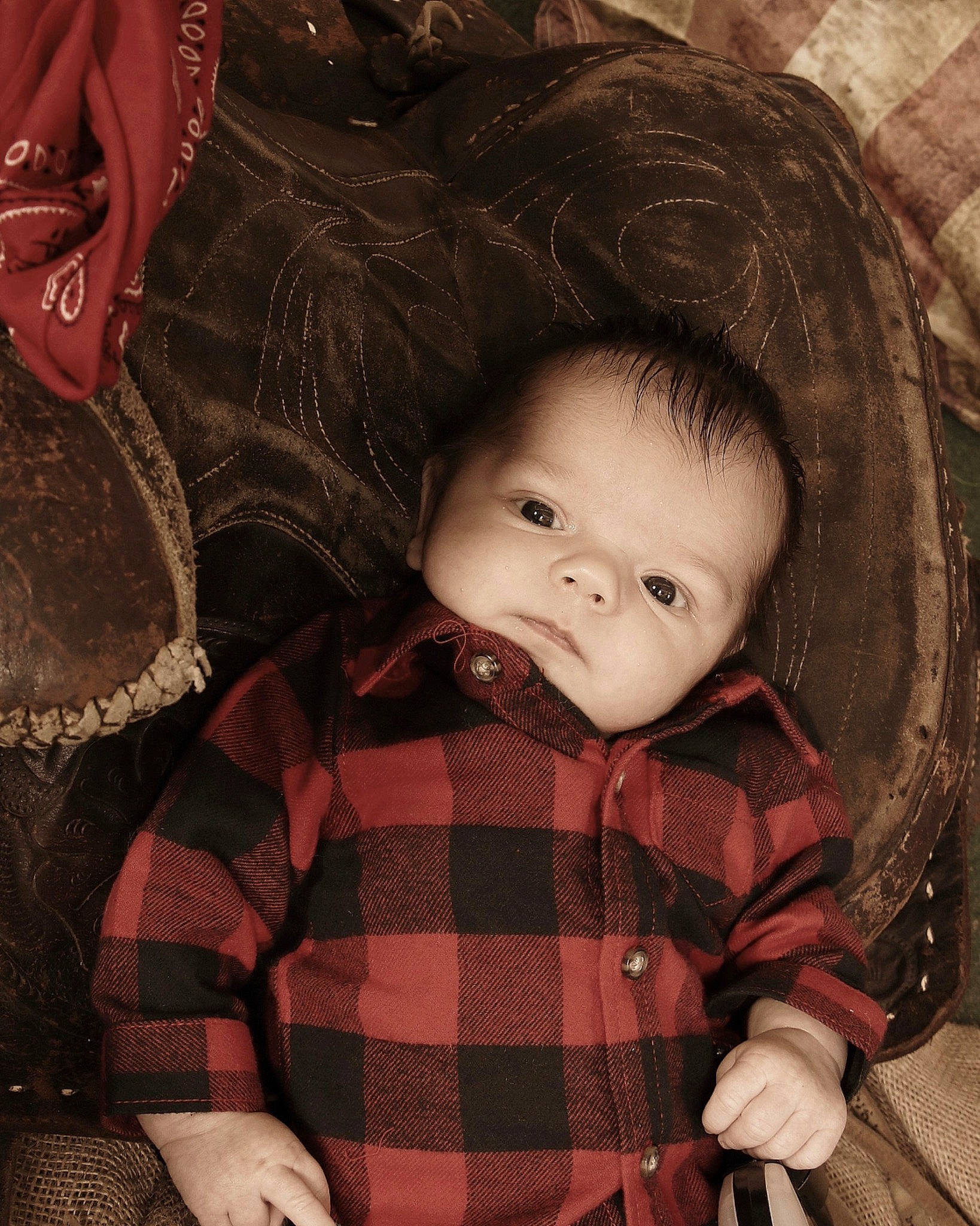 Parker is registered to the contest to win money with this photo: baby, cheek, child, design, eye, face, iris, nose, pattern, person, photography, plaid, sibling, skin, tartan, toddler