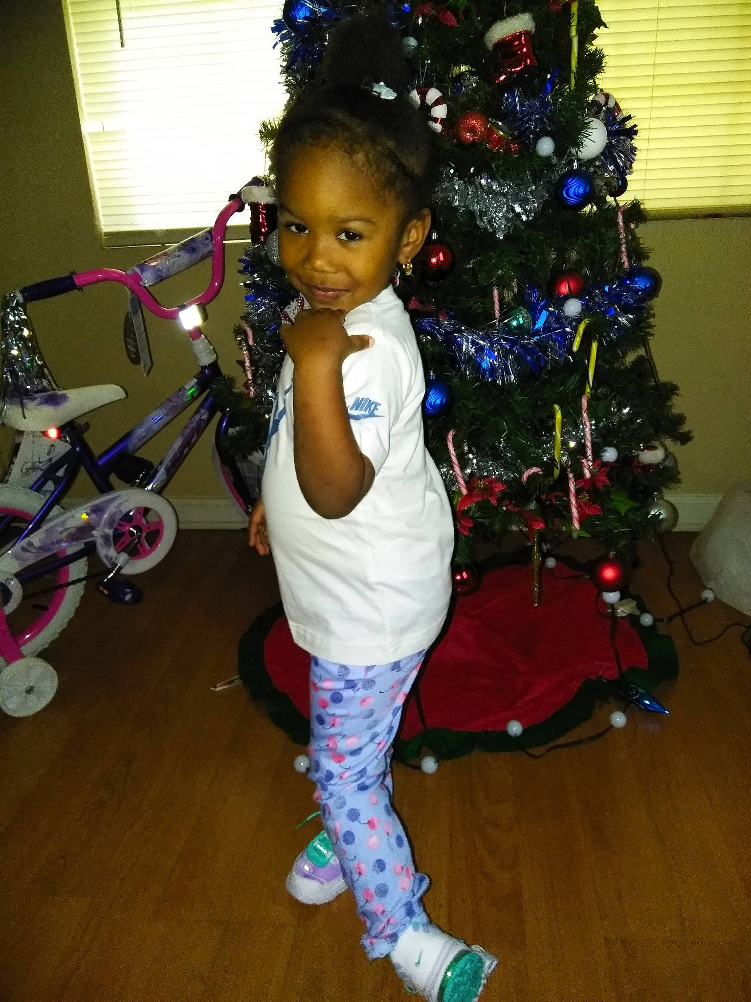 Alena joined the competition — help win amazing prizes! child, christmas, christmas_tree, event, fun, girl, holiday, person, standing, toddler