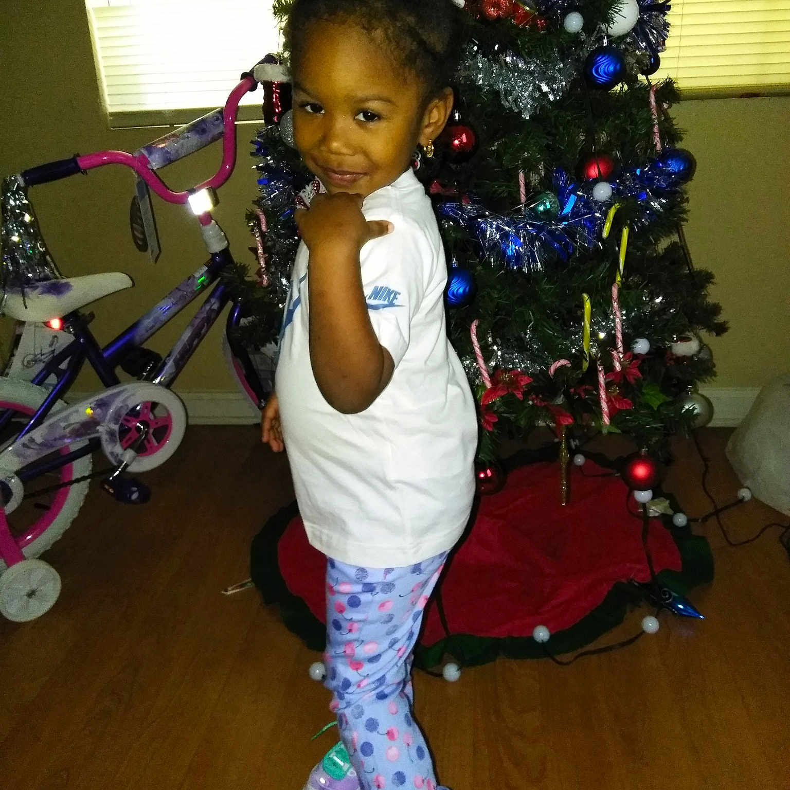 Alena joined the competition — help win amazing prizes! child, christmas, christmas_tree, event, fun, girl, holiday, person, standing, toddler