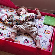 Dorothy joined the competition — help win amazing prizes! toddler, sleeping, bed, blanket, toy, pink, minnie_mouse, pajamas, floor, child, indoor, nap, face, foot, window, soft_toy, colorful, pillow, fabric, room