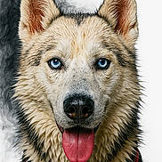 Lilou participe au concours pour gagner de l'argent avec cette photo : animal, blue_eyes, canine, close_up, collar, dog, ears, expression, fur, husky, nose, pet, portrait, red_harness, sharp_focus, smoky_background, studio_photo, tongue_out, wet, wet_fur