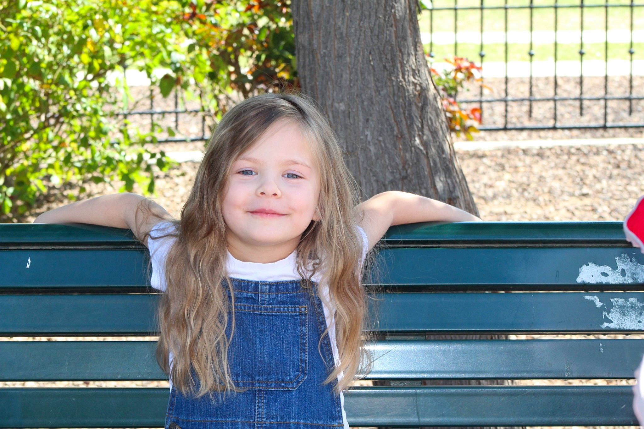 Paisley is registered to the contest to win money with this photo: bench, child, denim, electric_blue, fun, grass, happy, joy, leisure, long_hair, people_in_nature, person, plant, portrait_photography, recreation, sitting, smile, spring, toddler, travel