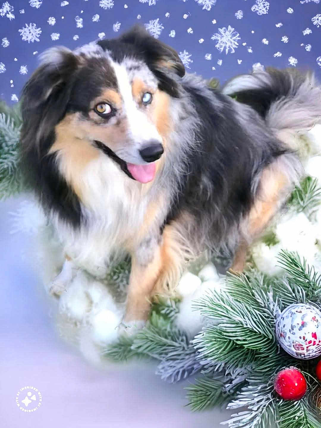 Cody joined the competition — help win amazing prizes! animal, australian_shepherd, background, christmas_ornaments, decorations, dog, festive, fur, green, holiday, nature, pet, pine_branches, playful, red, smiling, snowflakes, tongue_out, white, winter