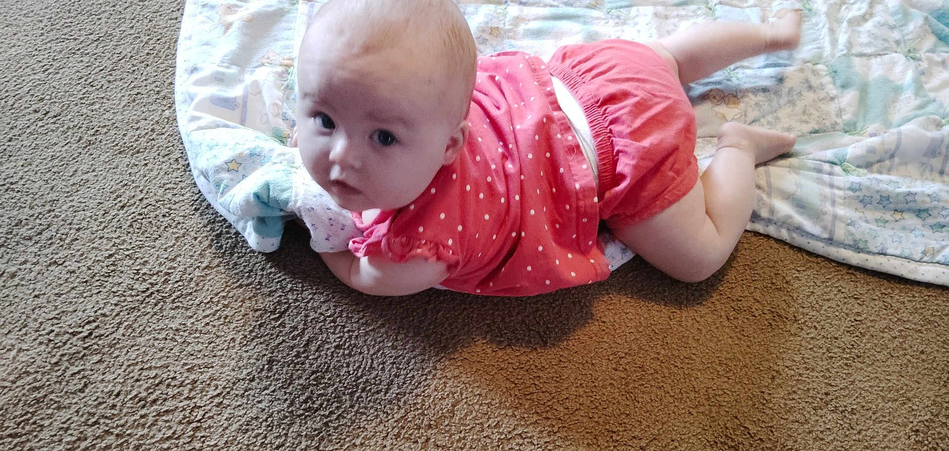 Sadie Dawn is registered to the contest to win money with this photo: baby, infant, child, pink_clothing, polka_dot, blanket, carpet, floor, crawling, indoors, cute, young_child, looking_up, soft_texture, casual, comfortable, skin, head, arms, legs
