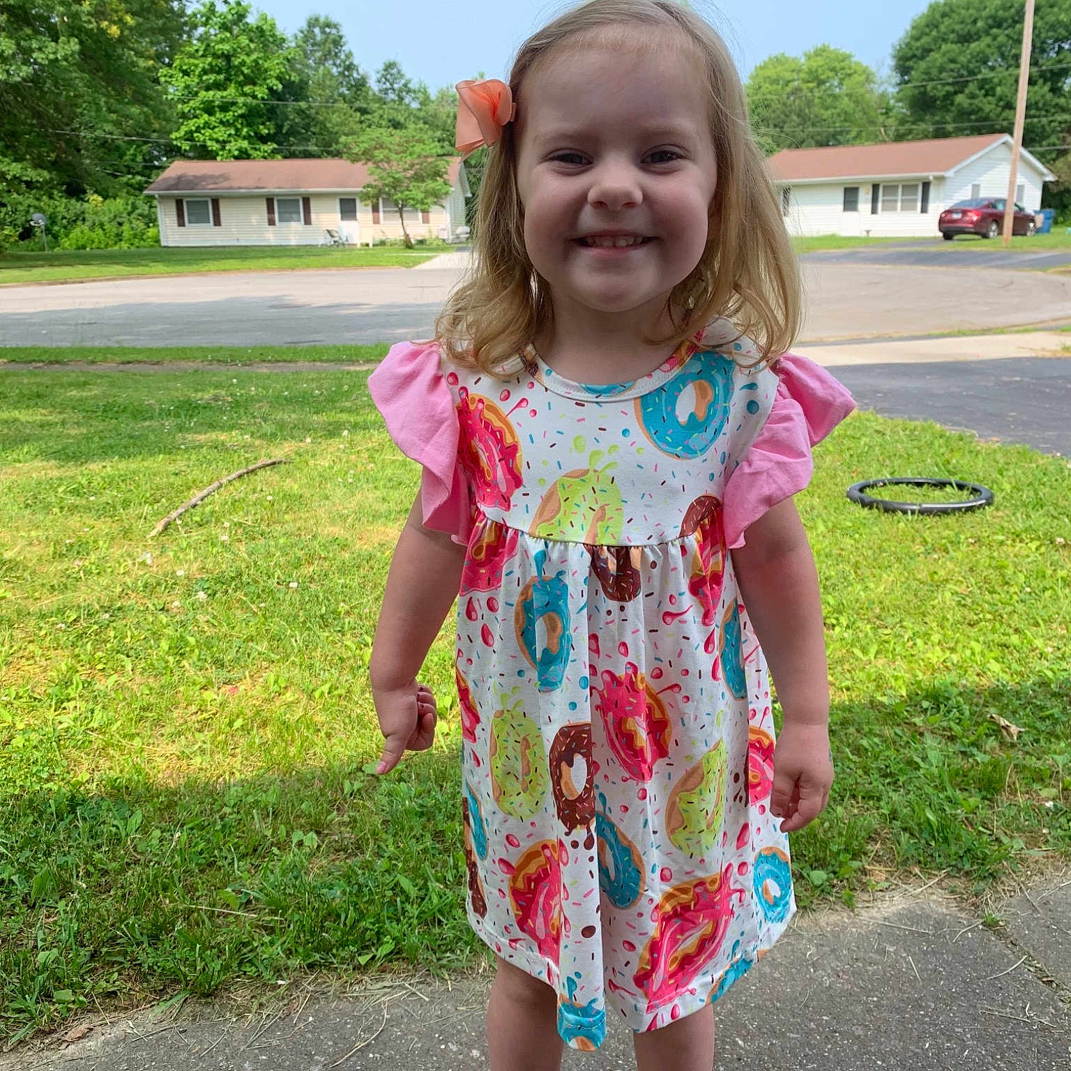 Maisyn joined the competition — help win amazing prizes! child, dress, footwear, fun, grass, joy, pattern, person, pink, plant, play, recreation, sleeve, smile, summer, t_shirt, toddler, vacation, walking