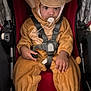 toddler, child, monkey_costume, pacifier, stroller, seatbelt, cute, costume, brown, plush, baby, sitting, indoors, wearing, clothing, hand, footwear, expression, face, young