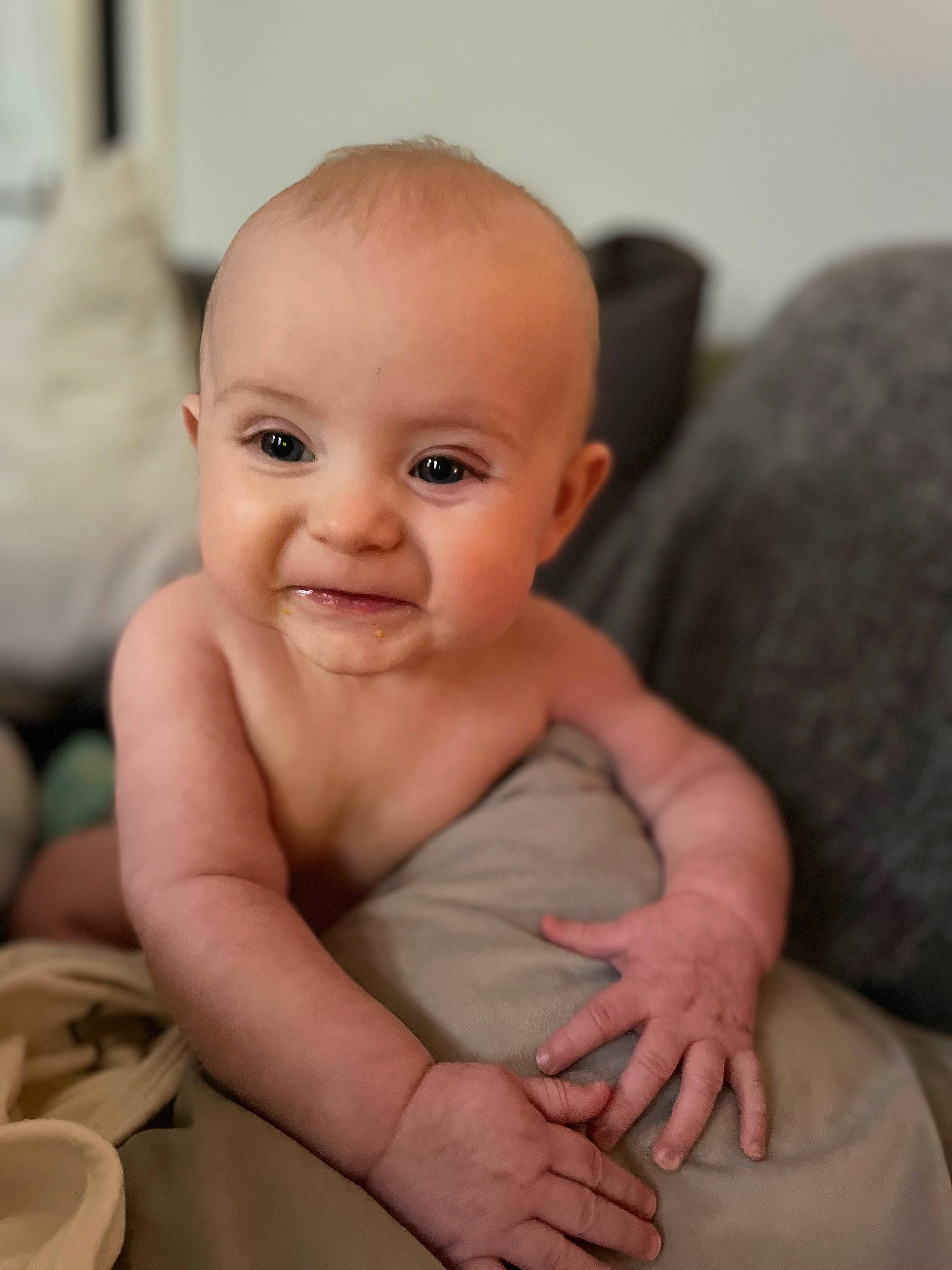 Connell is registered to the contest to win money with this photo: baby, baby_toddler_clothing, cheek, child, chin, comfort, eye, eyebrow, face, flash_photography, happy, iris, joy, lip, mouth, nose, person, skin, smile, stomach