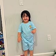 Omina is registered to the contest to win money with this photo: barefoot, blue_clothing, carpet, child, crayon_drawing, doorway, electrical_outlet, family_photo, happy, home, indoors, light_switch, pajamas, playful, portrait, smiling, standing, toddler, toys, wall