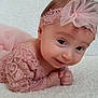baby, infant, pink, headband, lace, tutu, blanket, smile, closeup, portrait, lying_down, cute, rosy_cheeks, eyes, hand, soft_texture, white_background, newborn, cozy, photography