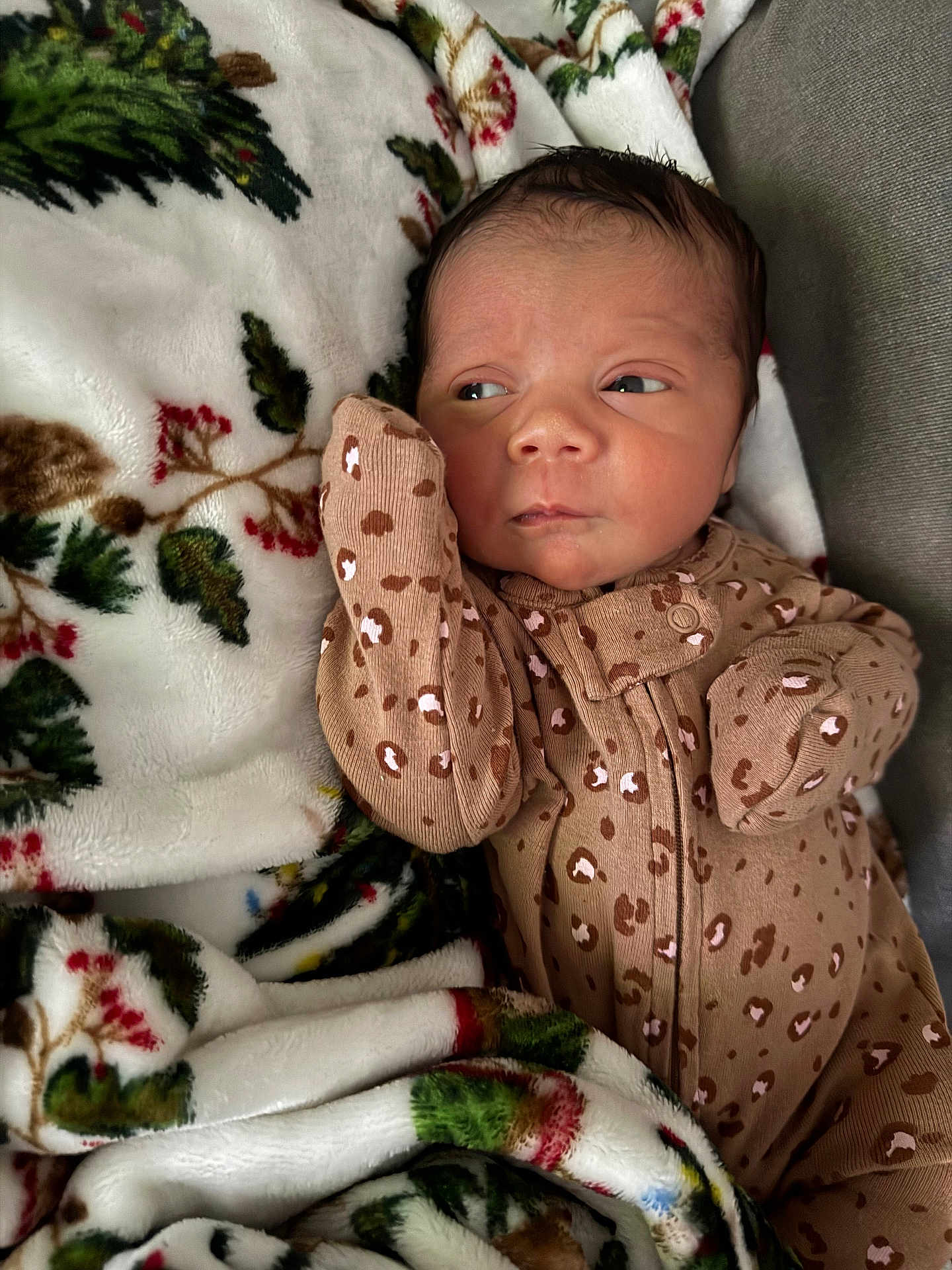 Melanie is registered to the contest to win money with this photo: newborn, baby, infant, blanket, leopard_print, onesie, clothing, face, skin, head, sleepwear, cute, cozy, indoors, person, portrait, resting, expression, soft, warm