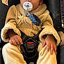 toddler, child, car_seat, pacifier, hat, costume, fleece, clothing, baby, seatbelt, sitting, cute, indoors, face, hands, ears, warm_clothing, infant, young_child, accessory