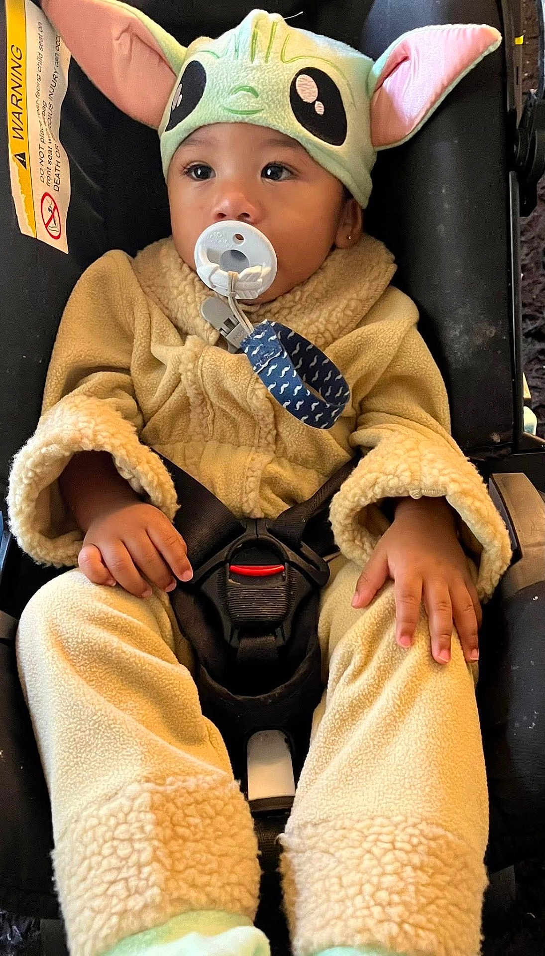Tyce joined the competition — help win amazing prizes! toddler, child, car_seat, pacifier, hat, costume, fleece, clothing, baby, seatbelt, sitting, cute, indoors, face, hands, ears, warm_clothing, infant, young_child, accessory
