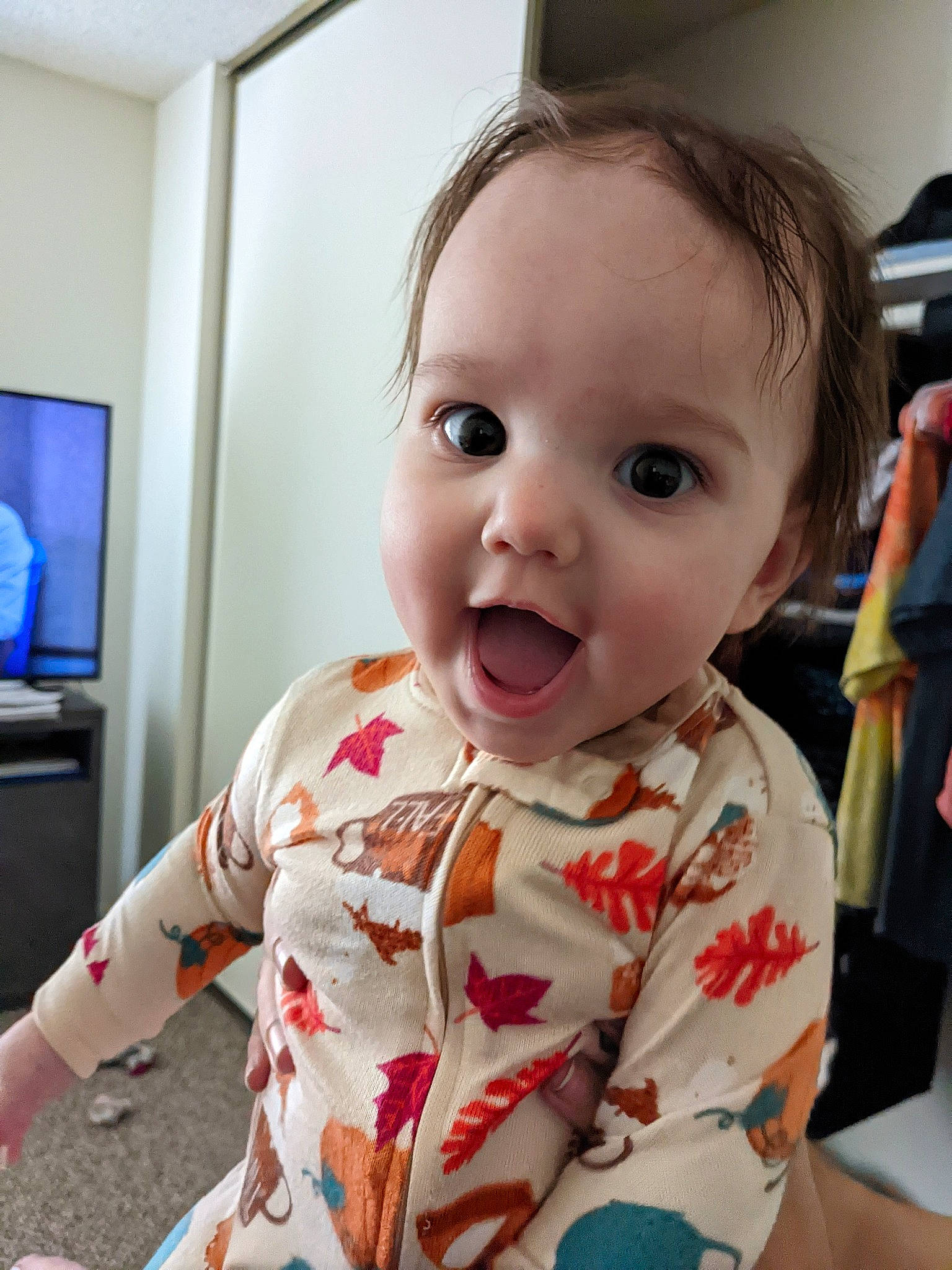Arya joined the competition — help win amazing prizes! baby, baby_toddler_clothing, cheek, child, face, fun, hairstyle, happy, iris, linens, lip, mouth, neck, nose, person, skin, sleeve, smile, surprise, t_shirt